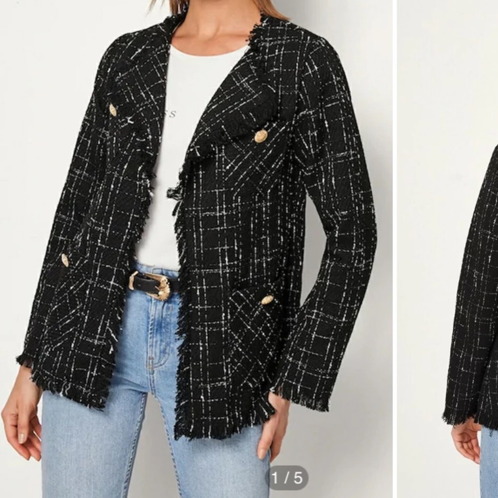 NWOT Button detail Plaid Fringe Edge Tweet Jacket
